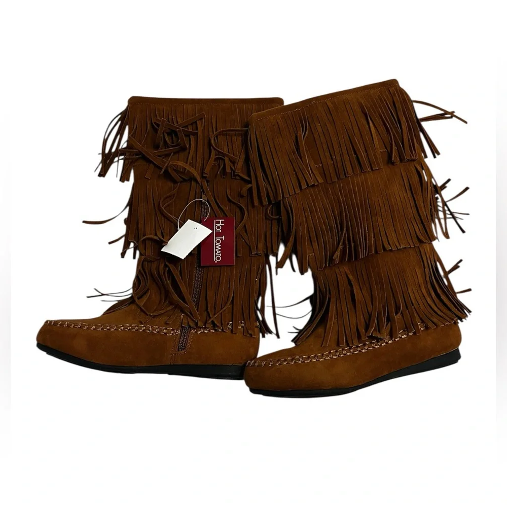 Hot Tomato Brown Fringe Calf Boots | Youth Size 4M | adult 5.5-6